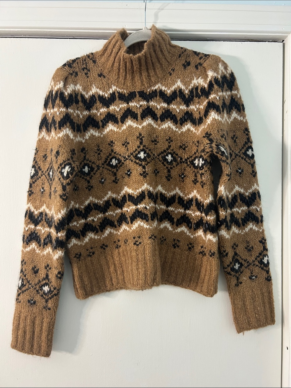 Veronica Beard Camel, Black & Brown Fair Isle Turtleneck Sweater